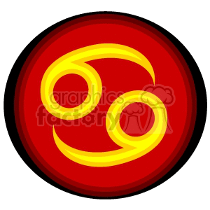 A clipart image of the Cancer zodiac symbol in yellow on a red circular background with a black border.