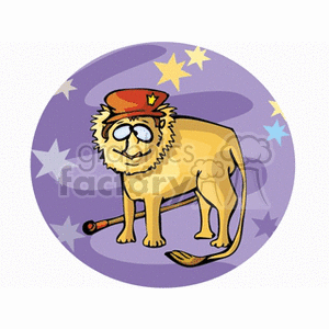 A clipart image of a lion wearing a red hat with a star, representing the Leo zodiac sign. The lion is set against a purple starry background, indicating its association with horoscopes and astrology.