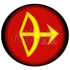 A clipart image depicting a yellow bow and arrow symbol, representing the Sagittarius zodiac sign, on a red circular background.