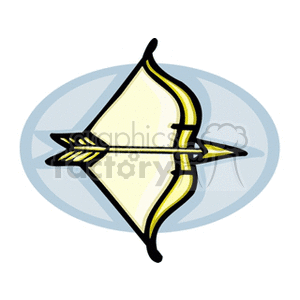 Clipart image of a bow and arrow, representing the Sagittarius zodiac sign, over a subtle blue oval background.