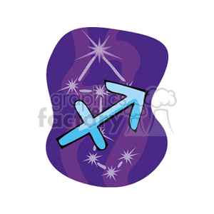 Clipart image of the Sagittarius zodiac sign with a blue arrow symbol against a purple background decorated with star-like patterns.