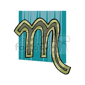 A stylized clipart image of the Scorpio zodiac sign. The symbol is depicted in a decorative, striped pattern against a blue rectangular background.