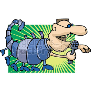 This clipart image features a humorous anthropomorphic scorpion, representing the Scorpio star sign, holding a microphone and appearing to speak or perform.