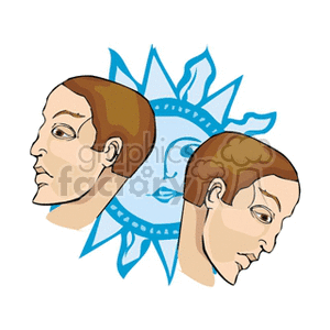 An illustration of the Gemini zodiac sign, featuring two human faces looking in opposite directions with a blue stylized star or sun in the background.