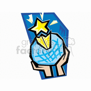 Clipart image featuring a pair of hands holding a glowing globe with a star on top. The background is a stylized blue shape.