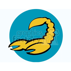 Clipart image of a scorpion, symbolizing the Scorpio star sign in astrology. The scorpion is depicted in yellow against a blue circular background.