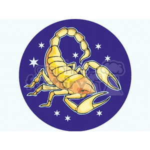 Illustrated clipart image of the Scorpio zodiac sign, featuring a scorpion against a purple background with stars.