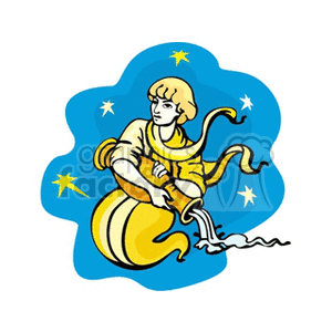 Clipart image of a person holding a large jug, symbolizing the Aquarius star sign, with stars in the background.