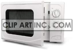 A clipart image of a white microwave oven with its door partially open, showing control dials and a transparent window.