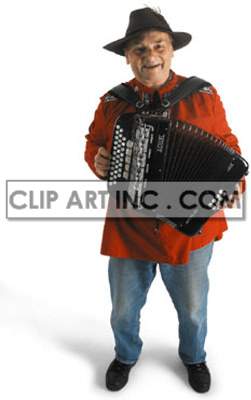 The photo shows a male artist playing the accordion while standing, likely during a concert or performance. He is dressed in folkloric clothing and is presumably a musician or performer.
