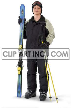Clipart image of a skier dressed in black and gray ski attire, holding skis and ski poles.