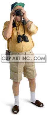 Clipart image of a man dressed as a tourist, wearing a cap, yellow shirt, khaki shorts, white socks, and sandals, holding a camera to his eyes with binoculars around his neck.
