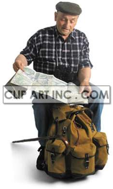 An elderly man dressed in a plaid shirt, sitting with a large backpack and holding a map. He appears to be planning or navigating a trip.