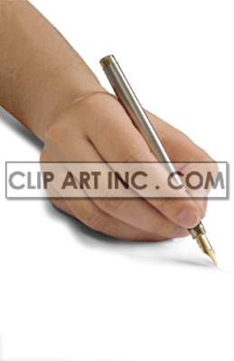A clipart image showing a hand holding a metal pen, poised to write on a white surface.