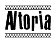The image contains the text Altoria in a bold, stylized font, with a checkered flag pattern bordering the top and bottom of the text.