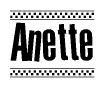   The clipart image displays the text Anette in a bold, stylized font. It is enclosed in a rectangular border with a checkerboard pattern running below and above the text, similar to a finish line in racing.  