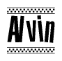The image contains the text Alvin in a bold, stylized font, with a checkered flag pattern bordering the top and bottom of the text.