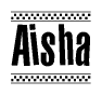 The clipart image displays the text Aisha in a bold, stylized font. It is enclosed in a rectangular border with a checkerboard pattern running below and above the text, similar to a finish line in racing. 