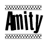   The image contains the text Amity in a bold, stylized font, with a checkered flag pattern bordering the top and bottom of the text. 