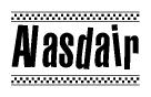 The image contains the text Alasdair in a bold, stylized font, with a checkered flag pattern bordering the top and bottom of the text.