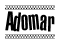 The clipart image displays the text Adomar in a bold, stylized font. It is enclosed in a rectangular border with a checkerboard pattern running below and above the text, similar to a finish line in racing. 