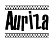The image is a black and white clipart of the text Auriza in a bold, italicized font. The text is bordered by a dotted line on the top and bottom, and there are checkered flags positioned at both ends of the text, usually associated with racing or finishing lines.