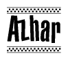The image contains the text Azhar in a bold, stylized font, with a checkered flag pattern bordering the top and bottom of the text.