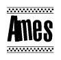 The clipart image displays the text Ames in a bold, stylized font. It is enclosed in a rectangular border with a checkerboard pattern running below and above the text, similar to a finish line in racing. 