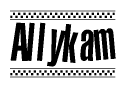 The image contains the text Allykam in a bold, stylized font, with a checkered flag pattern bordering the top and bottom of the text.