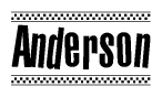 The image contains the text Anderson in a bold, stylized font, with a checkered flag pattern bordering the top and bottom of the text.