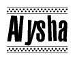 The image contains the text Alysha in a bold, stylized font, with a checkered flag pattern bordering the top and bottom of the text.