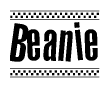 The image is a black and white clipart of the text Beanie in a bold, italicized font. The text is bordered by a dotted line on the top and bottom, and there are checkered flags positioned at both ends of the text, usually associated with racing or finishing lines.