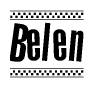 The clipart image displays the text Belen in a bold, stylized font. It is enclosed in a rectangular border with a checkerboard pattern running below and above the text, similar to a finish line in racing. 
