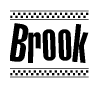 The image contains the text Brook in a bold, stylized font, with a checkered flag pattern bordering the top and bottom of the text.