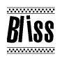 The image contains the text Bliss in a bold, stylized font, with a checkered flag pattern bordering the top and bottom of the text.