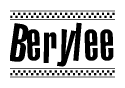 The image is a black and white clipart of the text Berylee in a bold, italicized font. The text is bordered by a dotted line on the top and bottom, and there are checkered flags positioned at both ends of the text, usually associated with racing or finishing lines.
