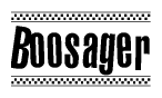 The image contains the text Boosager in a bold, stylized font, with a checkered flag pattern bordering the top and bottom of the text.