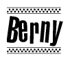 The image is a black and white clipart of the text Berny in a bold, italicized font. The text is bordered by a dotted line on the top and bottom, and there are checkered flags positioned at both ends of the text, usually associated with racing or finishing lines.