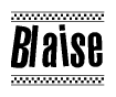 The image is a black and white clipart of the text Blaise in a bold, italicized font. The text is bordered by a dotted line on the top and bottom, and there are checkered flags positioned at both ends of the text, usually associated with racing or finishing lines.