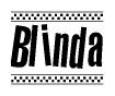 The image is a black and white clipart of the text Blinda in a bold, italicized font. The text is bordered by a dotted line on the top and bottom, and there are checkered flags positioned at both ends of the text, usually associated with racing or finishing lines.