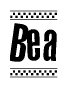 The image contains the text Bea in a bold, stylized font, with a checkered flag pattern bordering the top and bottom of the text.