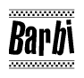The image contains the text Barbi in a bold, stylized font, with a checkered flag pattern bordering the top and bottom of the text.