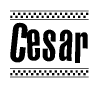 The clipart image displays the text Cesar in a bold, stylized font. It is enclosed in a rectangular border with a checkerboard pattern running below and above the text, similar to a finish line in racing. 