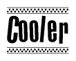 The image is a black and white clipart of the text Cooler in a bold, italicized font. The text is bordered by a dotted line on the top and bottom, and there are checkered flags positioned at both ends of the text, usually associated with racing or finishing lines.