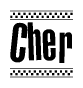 The image contains the text Cher in a bold, stylized font, with a checkered flag pattern bordering the top and bottom of the text.