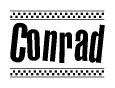 The clipart image displays the text Conrad in a bold, stylized font. It is enclosed in a rectangular border with a checkerboard pattern running below and above the text, similar to a finish line in racing. 
