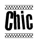 The image is a black and white clipart of the text Chic in a bold, italicized font. The text is bordered by a dotted line on the top and bottom, and there are checkered flags positioned at both ends of the text, usually associated with racing or finishing lines.