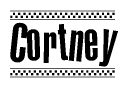 The image is a black and white clipart of the text Cortney in a bold, italicized font. The text is bordered by a dotted line on the top and bottom, and there are checkered flags positioned at both ends of the text, usually associated with racing or finishing lines.