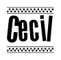 The image is a black and white clipart of the text Cecil in a bold, italicized font. The text is bordered by a dotted line on the top and bottom, and there are checkered flags positioned at both ends of the text, usually associated with racing or finishing lines.