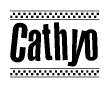 The clipart image displays the text Cathyo in a bold, stylized font. It is enclosed in a rectangular border with a checkerboard pattern running below and above the text, similar to a finish line in racing. 